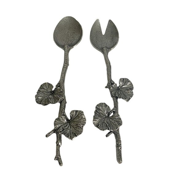 Geranium Leaf Salad Servers Metalware Twig Handles - Picture 3 of 10